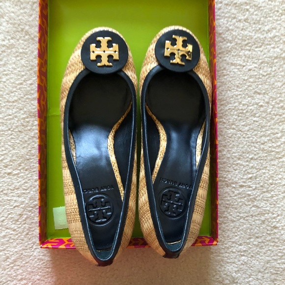 Tory Burch Shoes - Tory Burch Navy Sally Raffia straw wedge